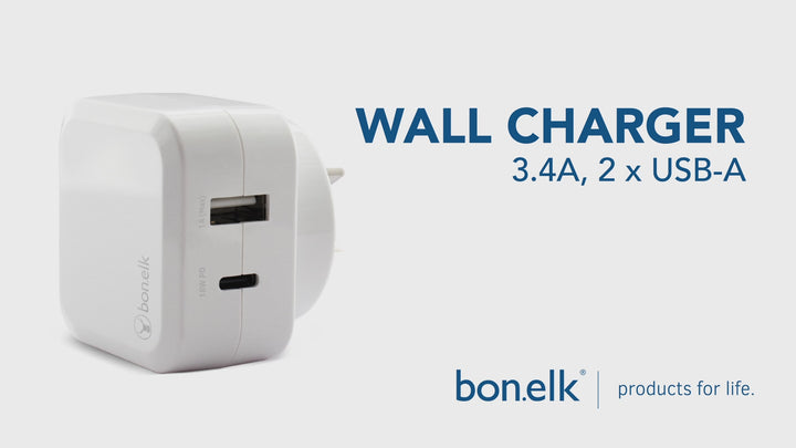 Bonelk AC Wall Charger, 3.4A, 2x USB Ports - White