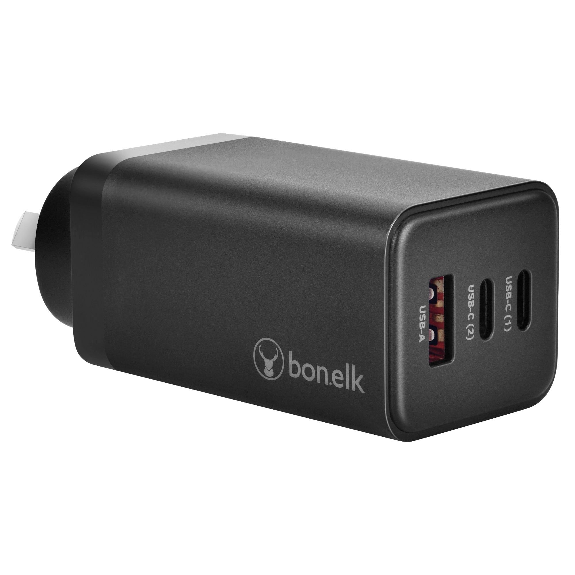 Bonelk 65W PD GaN Wall Charger, 2 x USB-C, 1 x USB-A - Black