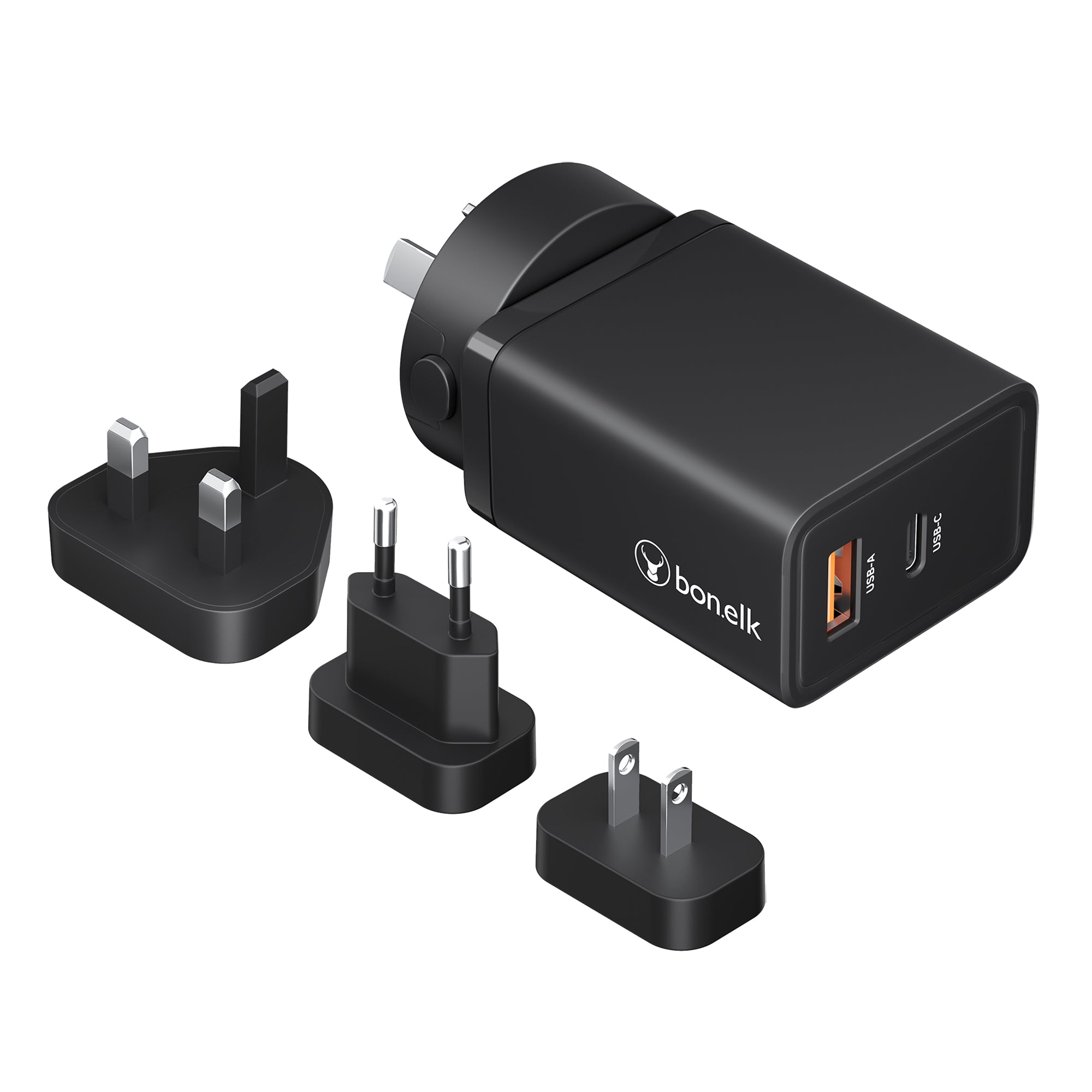 Bonelk 65W PD GaN USB-A/C Travel Wall Charger - Black (AU,US,UK,EU Interchangeable Pins)