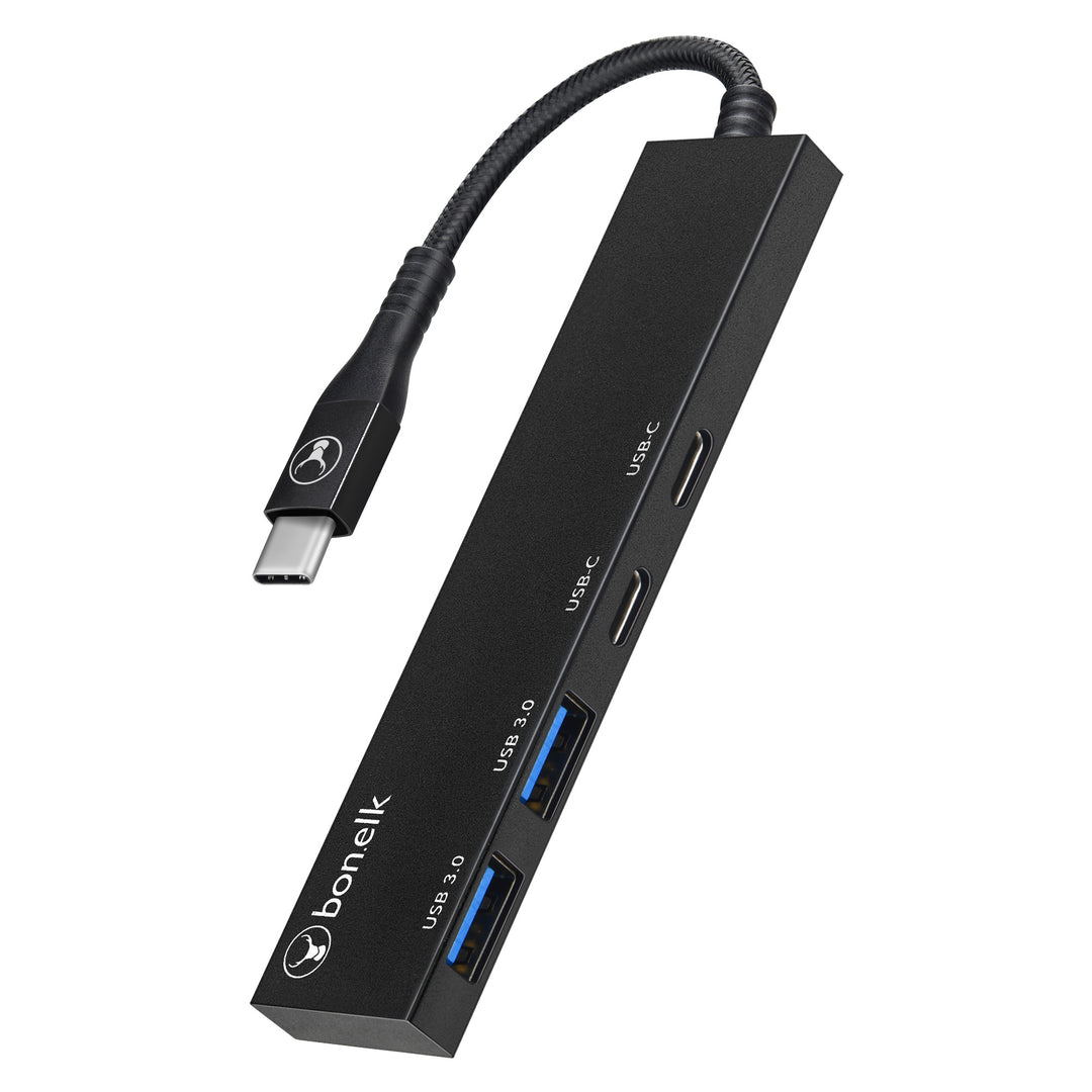 Bonelk Long-Life USB-C to 4 Port USB-C/USB-A 3.0 Slim Hub - Black 