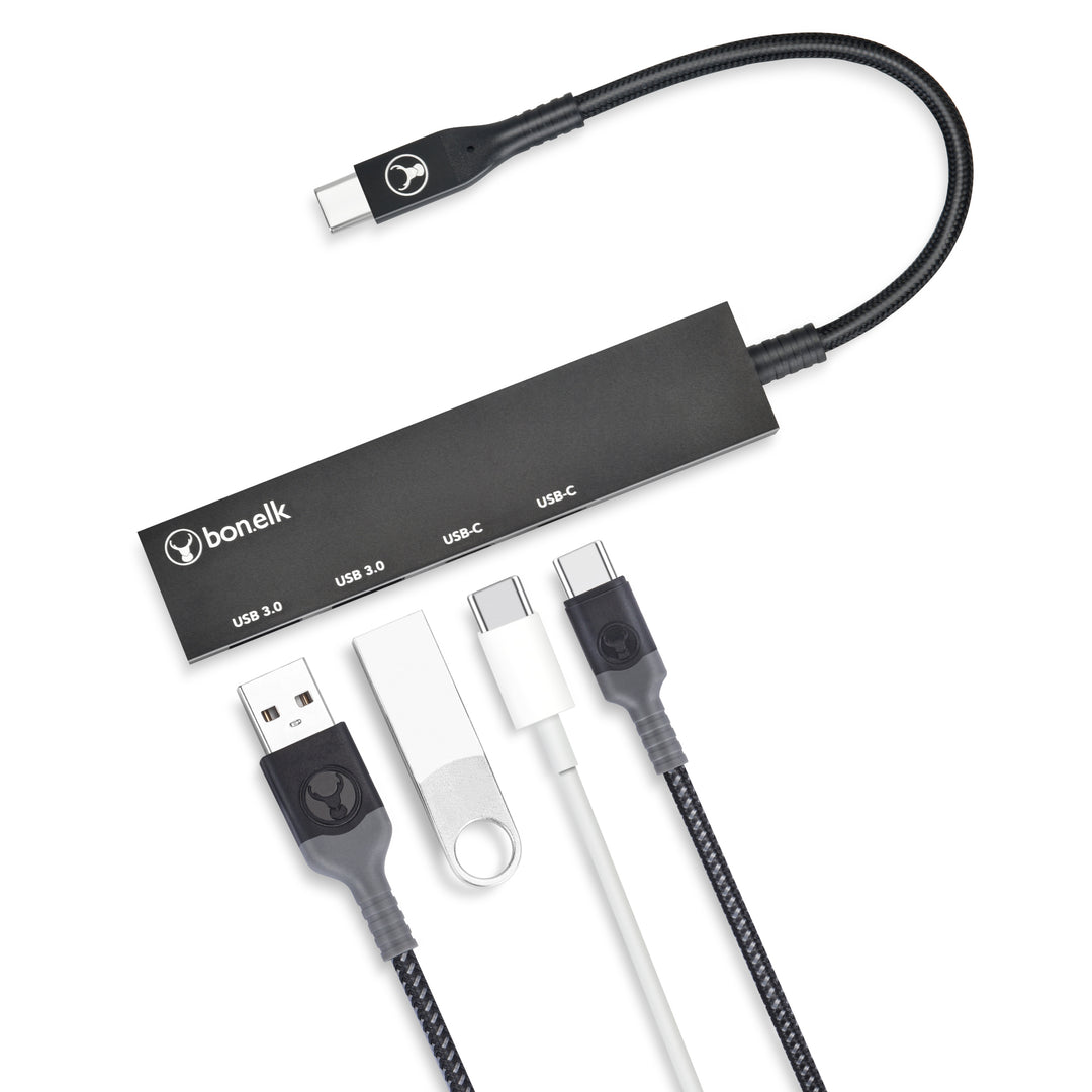 Bonelk Long-Life USB-C to 4 Port USB-C/USB-A 3.0 Slim Hub - Black 