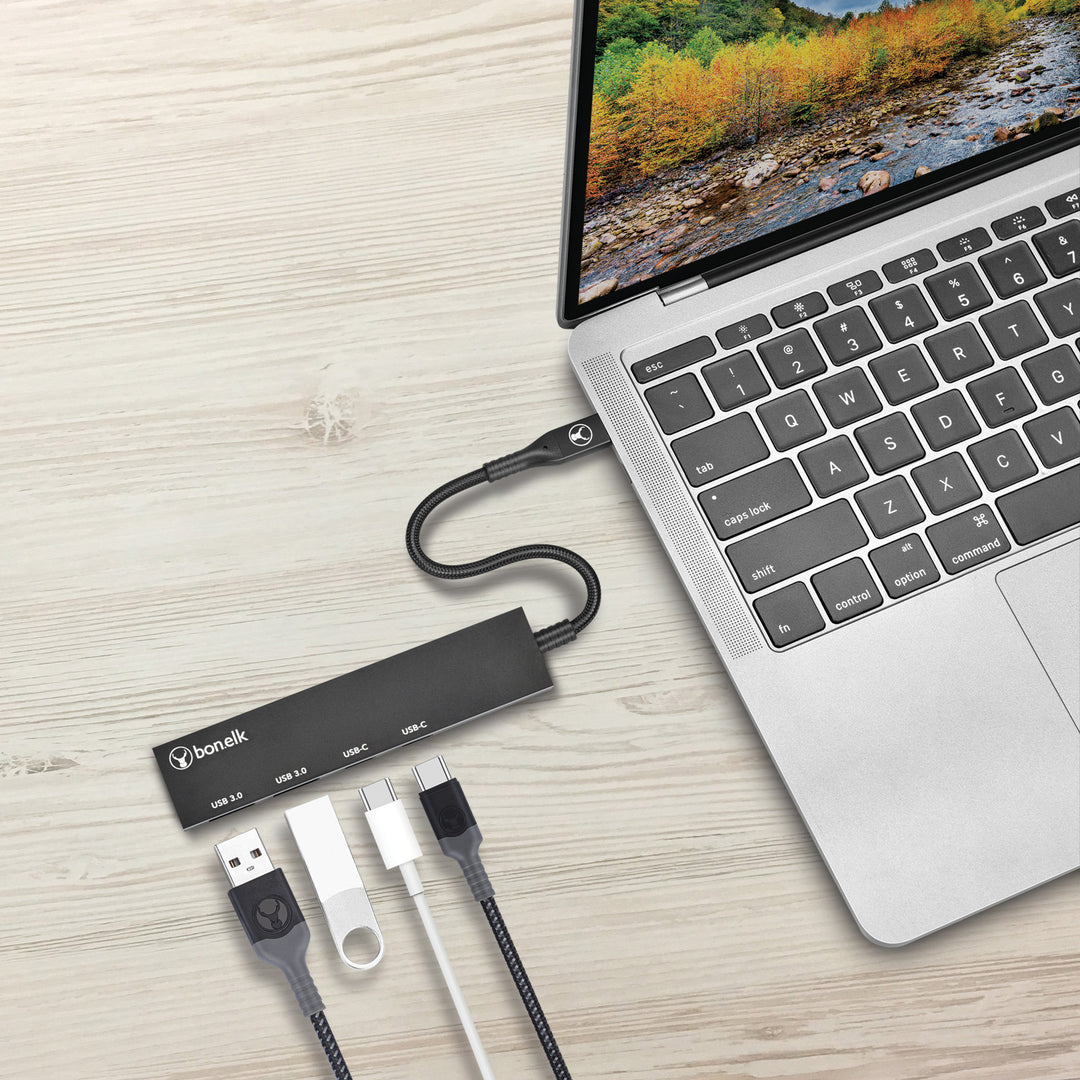 Bonelk Long-Life USB-C to 4 Port USB-C/USB-A 3.0 Slim Hub - Black 