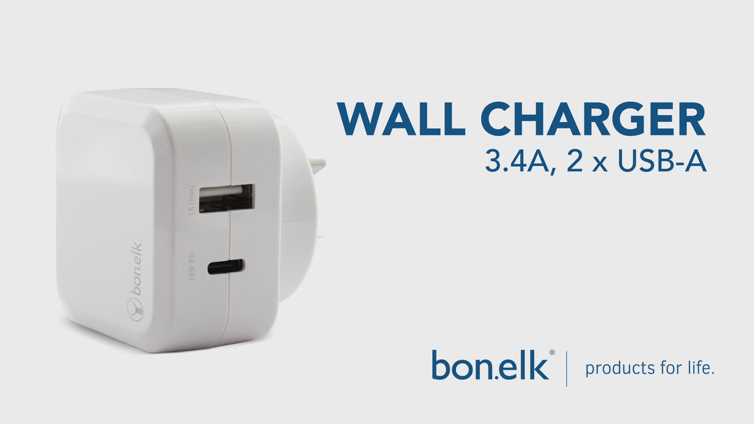 Bonelk AC Wall Charger (3.4A, 2 x USB Ports) (White)