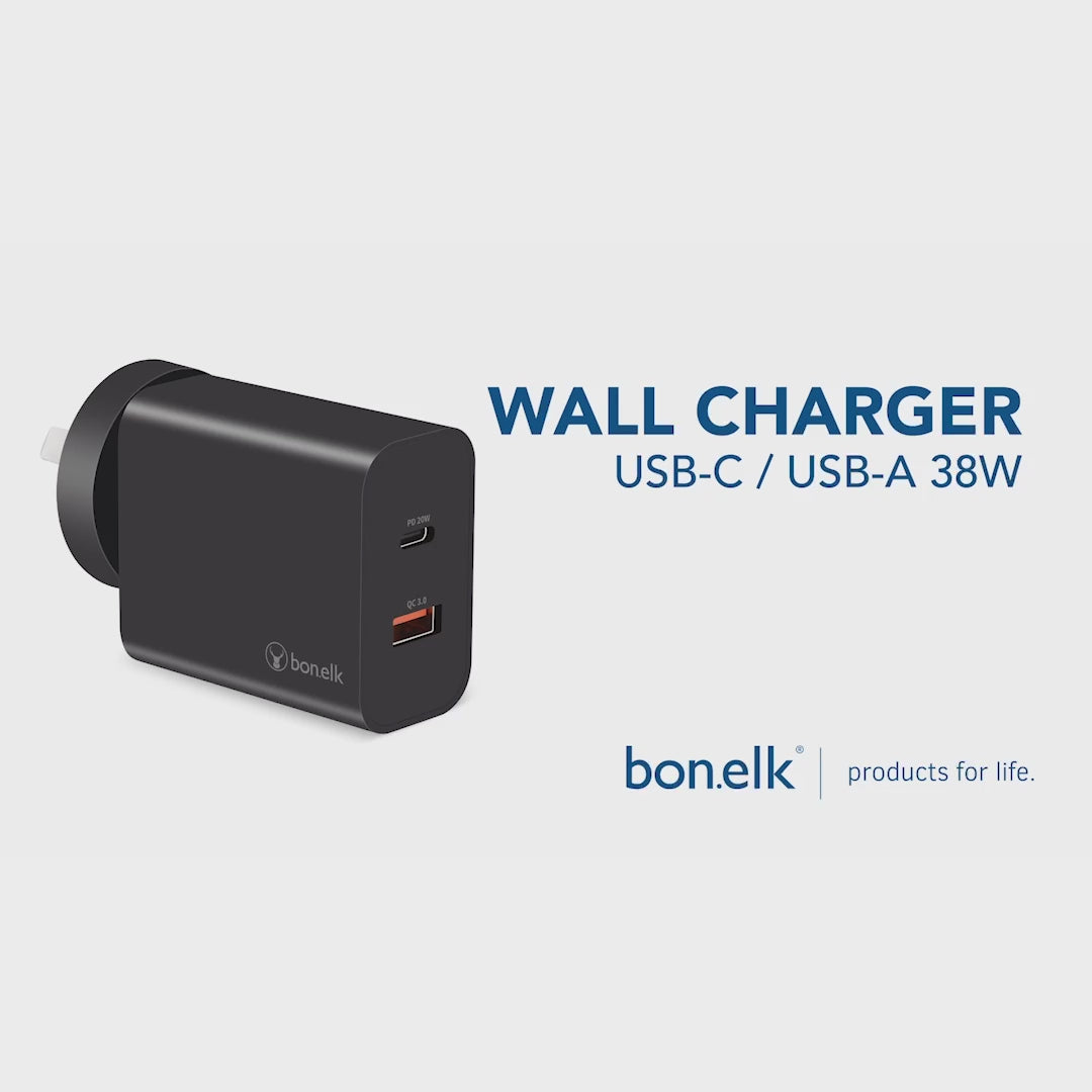 Bonelk Wall Charger, USB-C/USB-A, 38W - Black