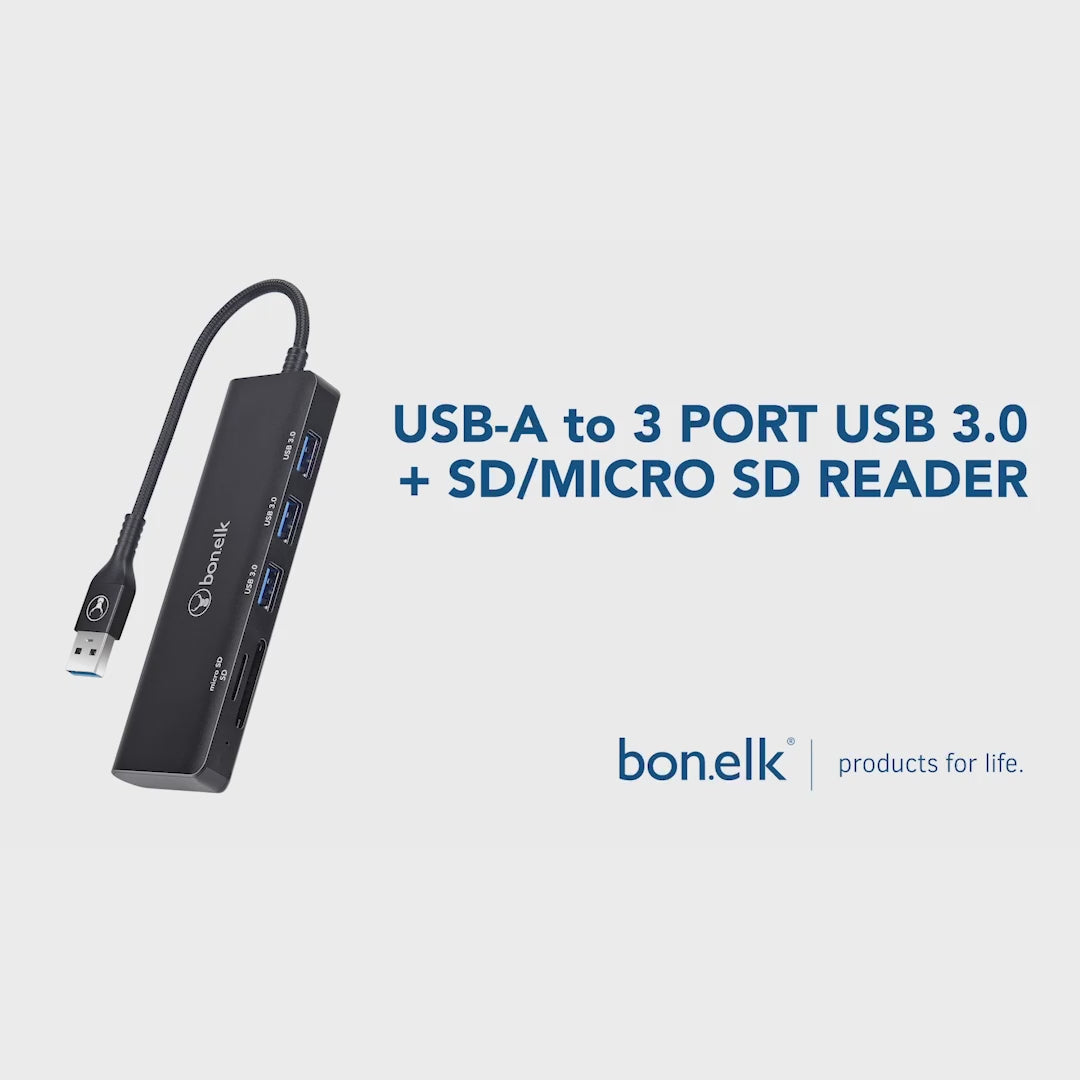 Bonelk Long-Life USB-A to 3 Port USB 3.0 + SD/Micro SD Reader - Black