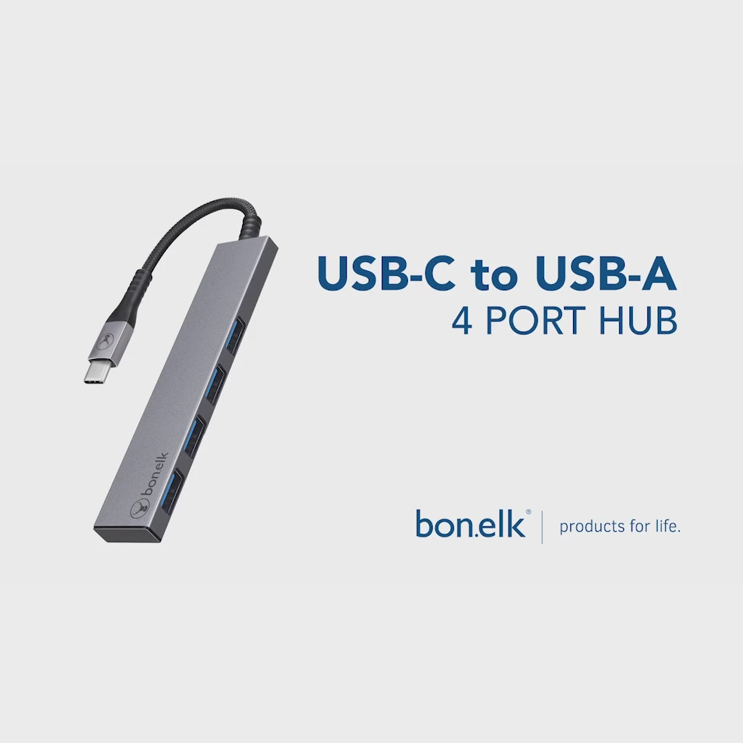 Bonelk Long-Life USB-C to 4 Port USB 3.0 Slim Hub - Space Grey