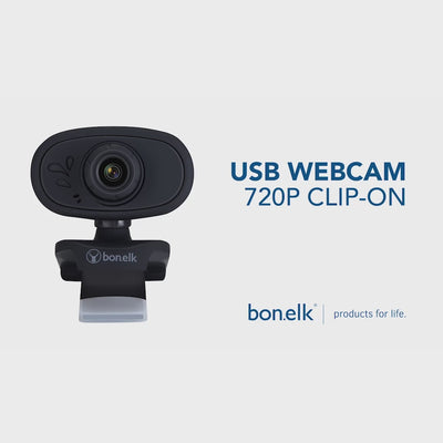 Bonelk USB Webcam, Clip On, 720p - Black