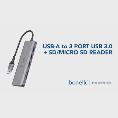 Bonelk Long-Life USB-A to 3 Port USB 3.0 + SD/Micro SD Reader - Space Grey