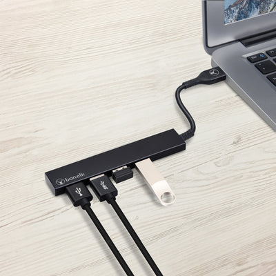 Bonelk Long-Life USB-A to 4 Port USB 3.0 Slim Hub - Black