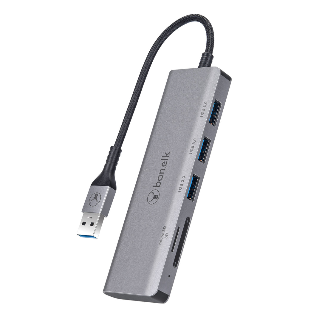 Bonelk Long-Life USB-A to 3 Port USB 3.0 + SD/Micro SD Reader - Space Grey