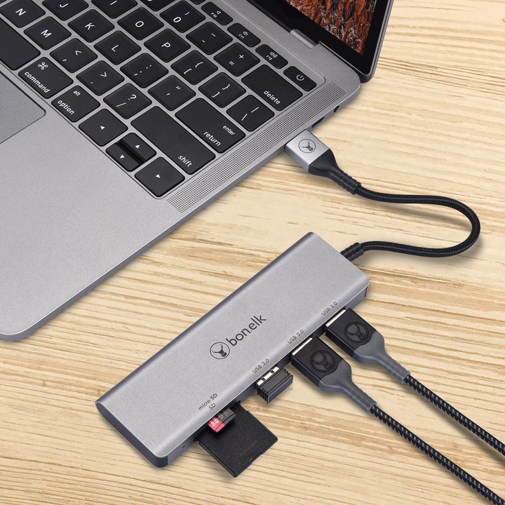 Bonelk Long-Life USB-A to 3 Port USB 3.0 + SD/Micro SD Reader - Space Grey