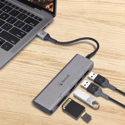 Bonelk Long-Life USB-A to 3 Port USB 3.0 + SD/Micro SD Reader - Space Grey