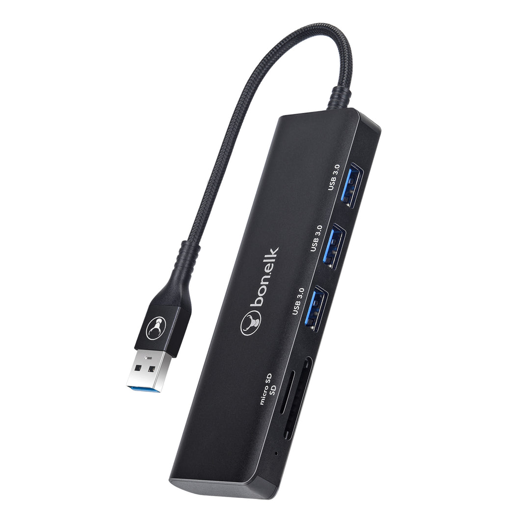 Bonelk Long-Life USB-A to 3 Port USB 3.0 + SD/Micro SD Reader - Black
