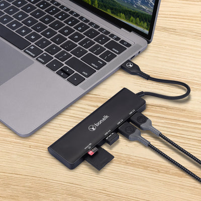 Bonelk Long-Life USB-A to 3 Port USB 3.0 + SD/Micro SD Reader - Black
