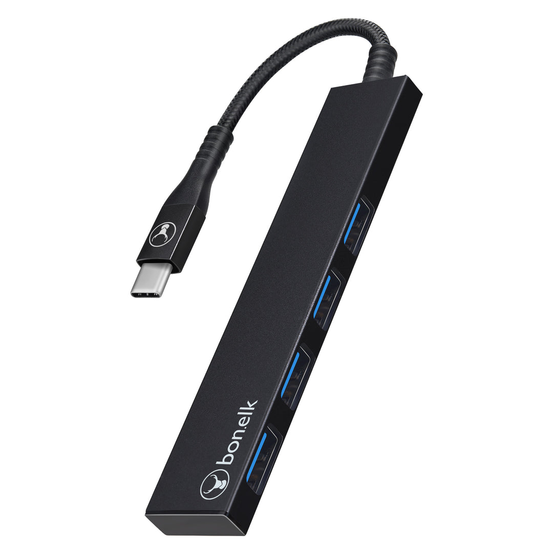 Bonelk Long-Life USB-C to 4 Port USB 3.0 Slim Hub - Black