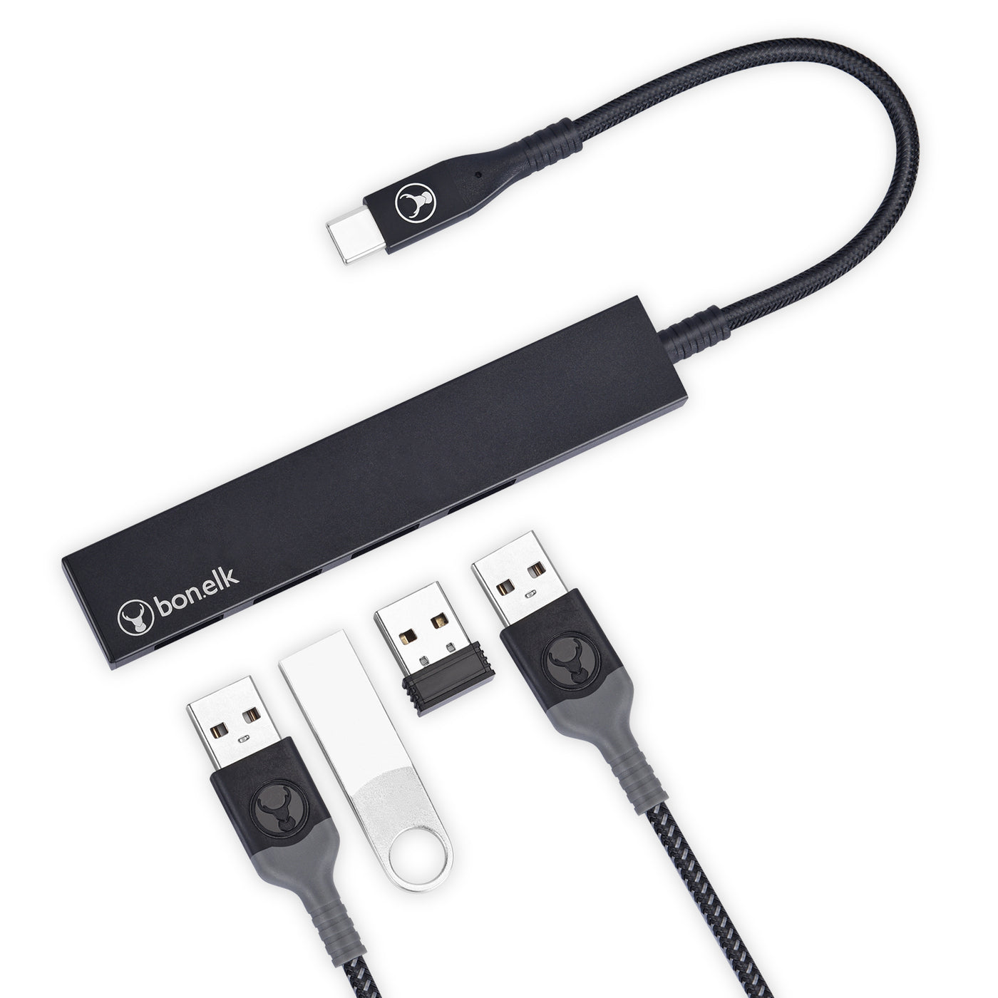 Bonelk Long-Life USB-C to 4 Port USB 3.0 Slim Hub - Black