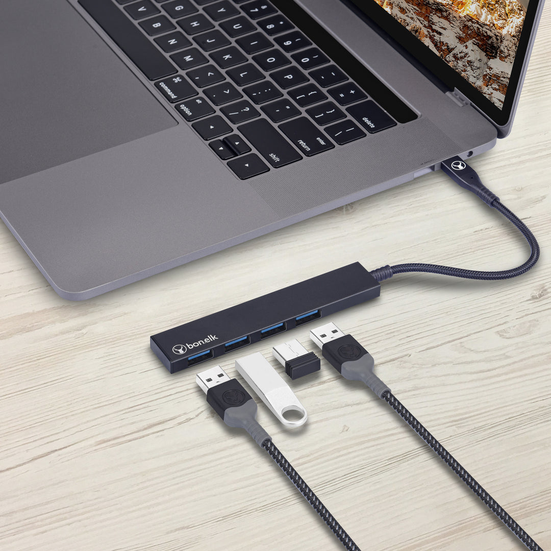 Bonelk Long-Life USB-C to 4 Port USB 3.0 Slim Hub - Black