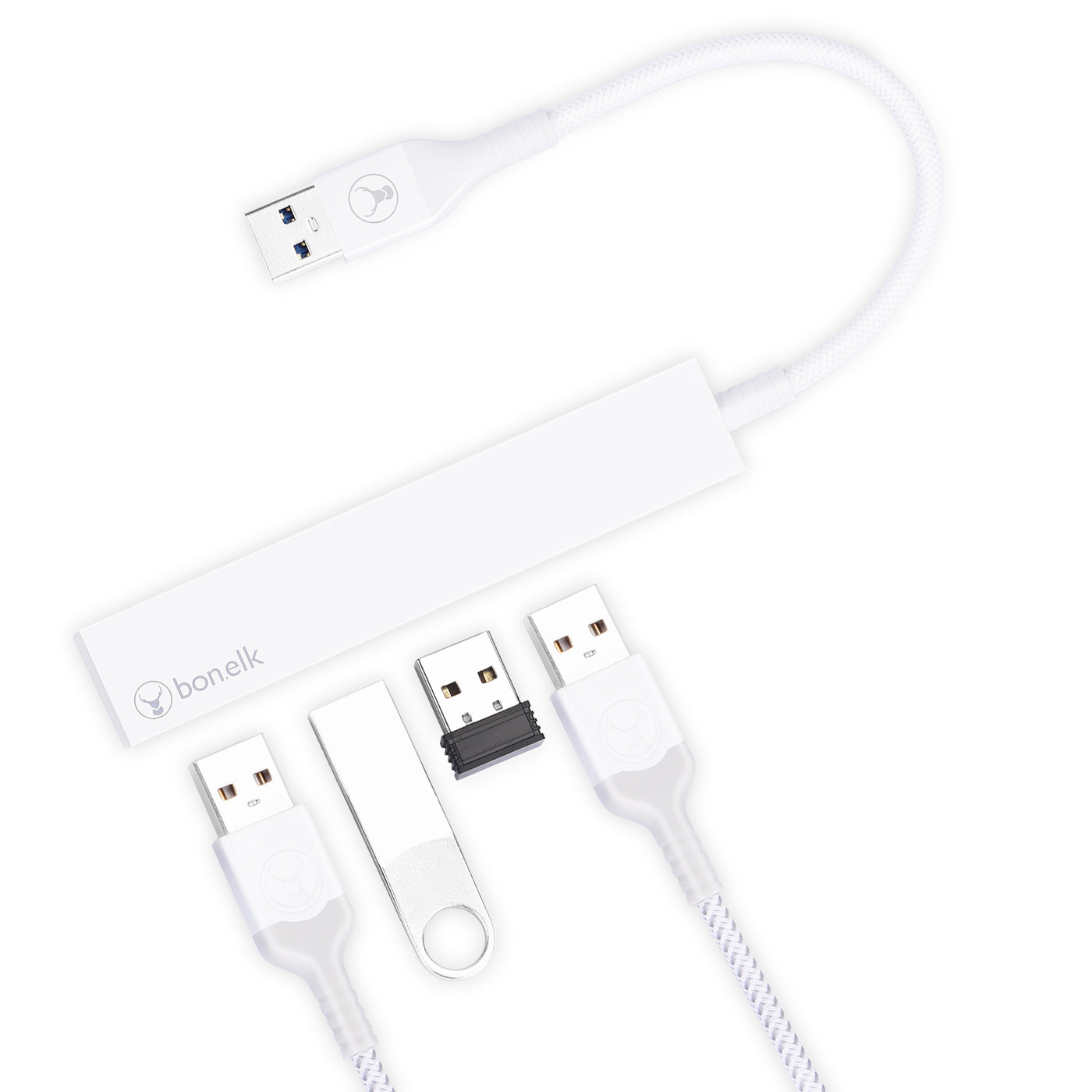 Bonelk Long-Life USB-A to 4 Port USB 3.0 Slim Hub - White
