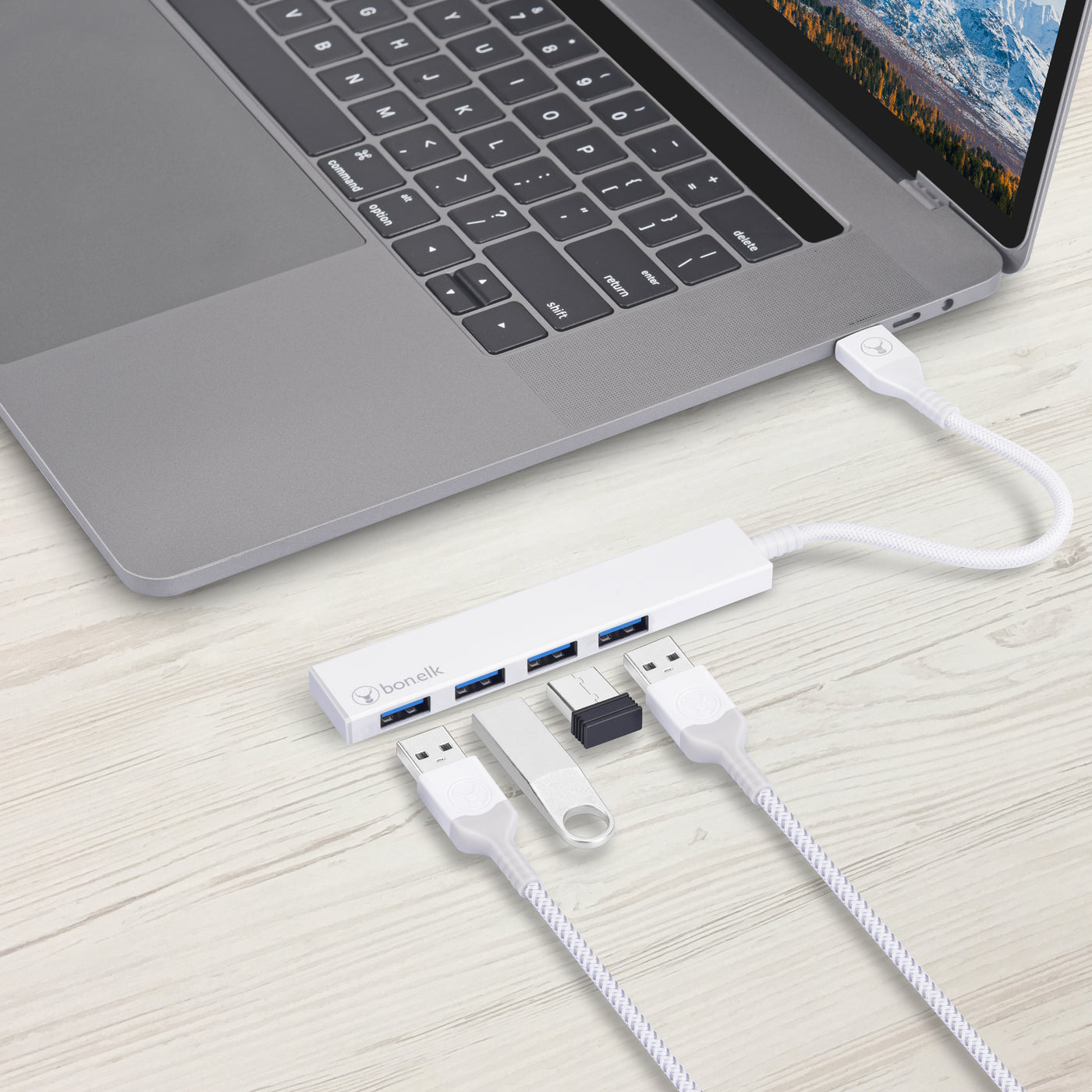 Bonelk Long-Life USB-A to 4 Port USB 3.0 Slim Hub - White