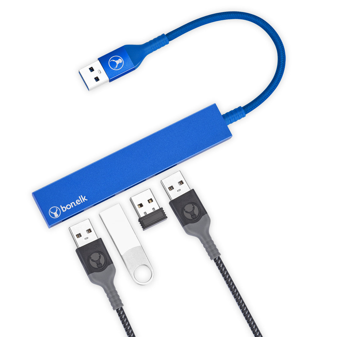 Bonelk Long-Life USB-A to 4 Port USB 3.0 Slim Hub - Blue
