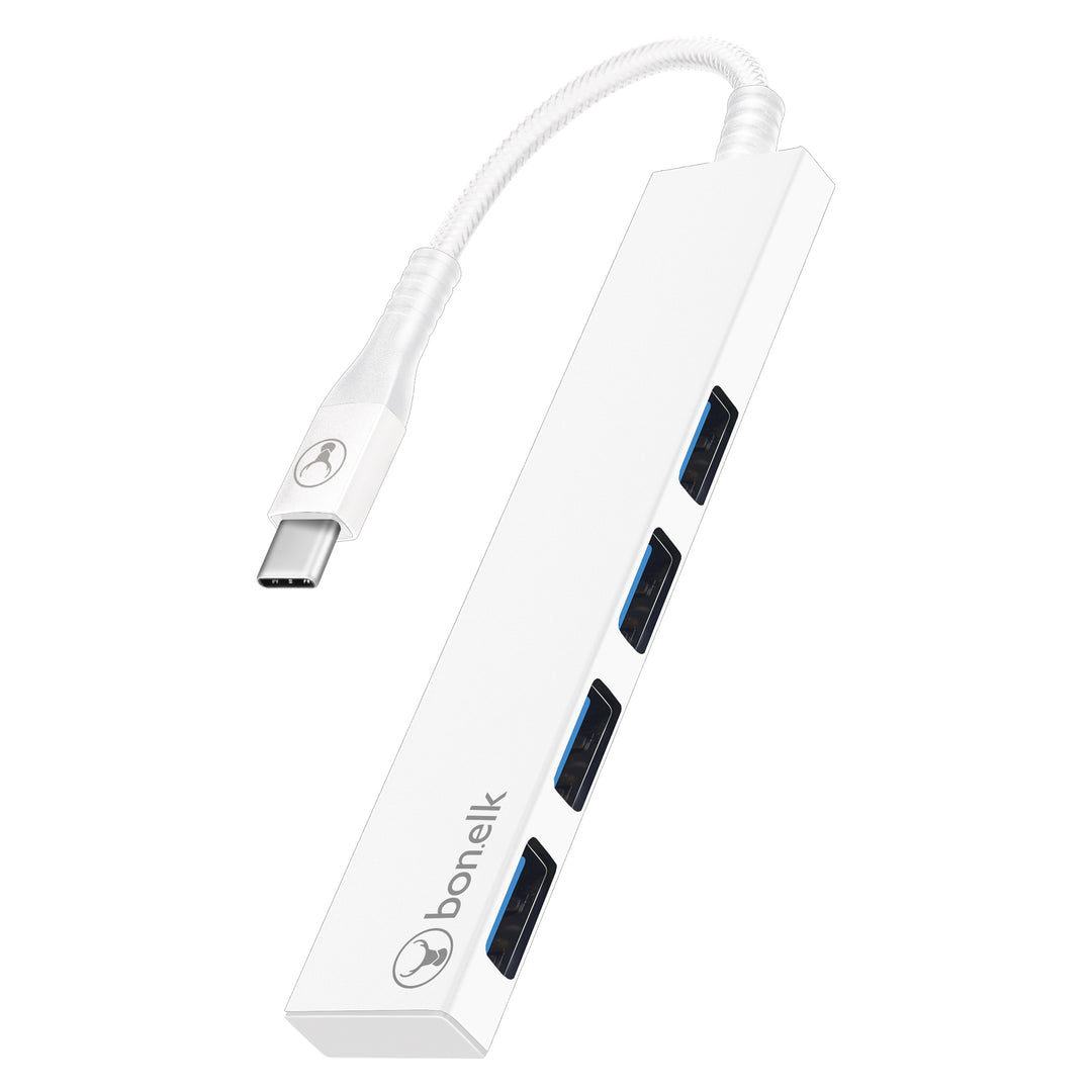 Bonelk Long-Life USB-C to 4 Port USB 3.0 Slim Hub - White