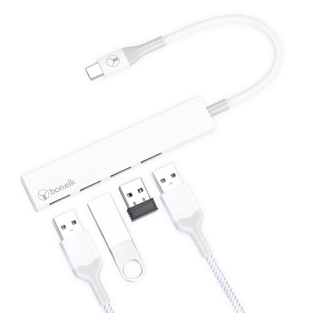 Bonelk Long-Life USB-C to 4 Port USB 3.0 Slim Hub - White