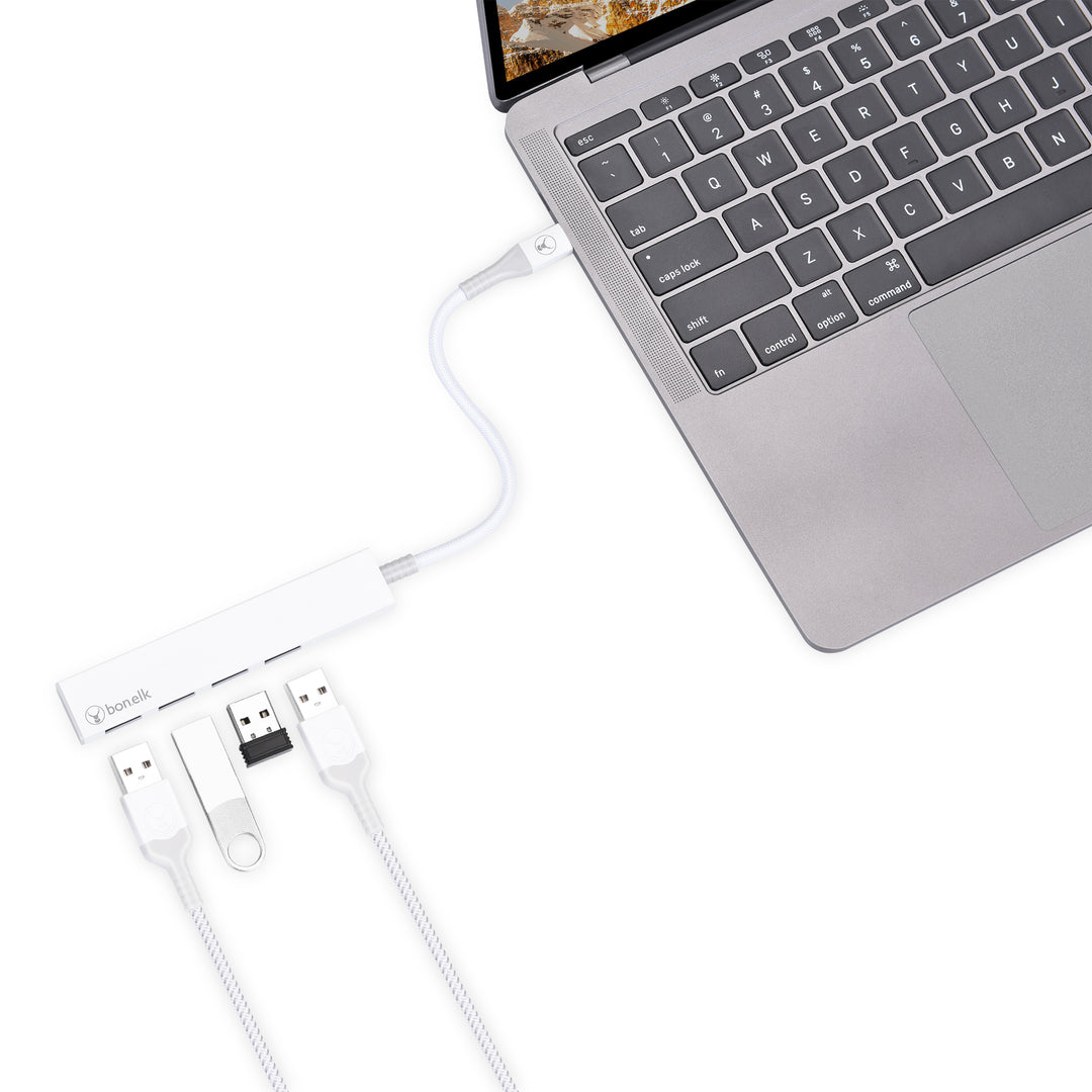 Bonelk Long-Life USB-C to 4 Port USB 3.0 Slim Hub - White