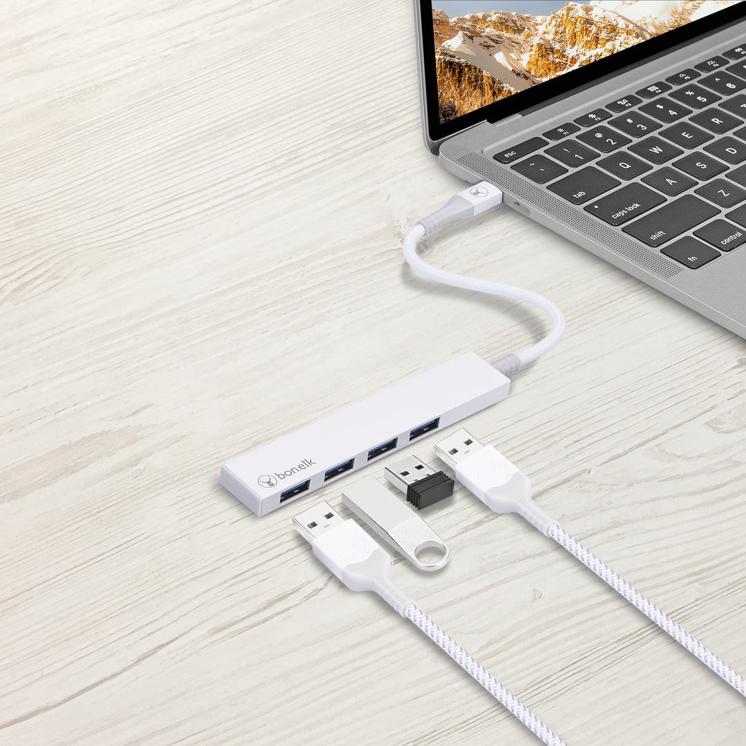 Bonelk Long-Life USB-C to 4 Port USB 3.0 Slim Hub - White