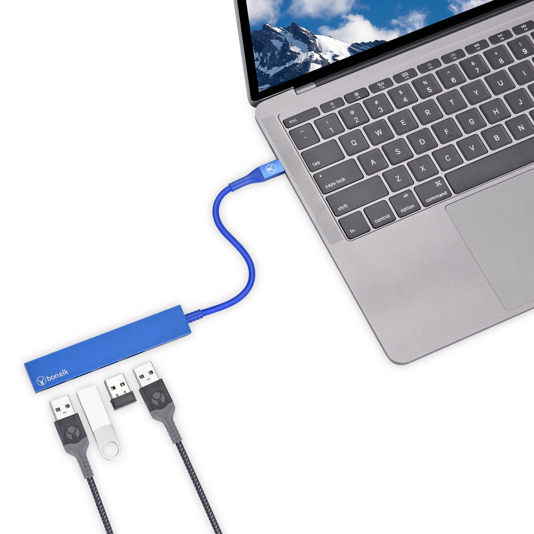 Bonelk Long-Life USB-C to 4 Port USB 3.0 Slim Hub - Blue