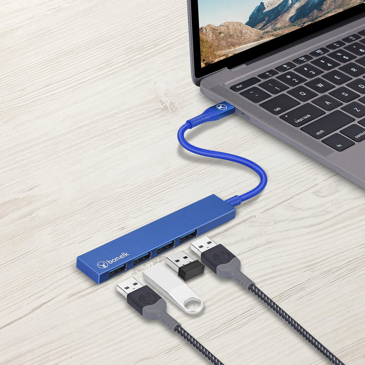 Bonelk Long-Life USB-C to 4 Port USB 3.0 Slim Hub - Blue