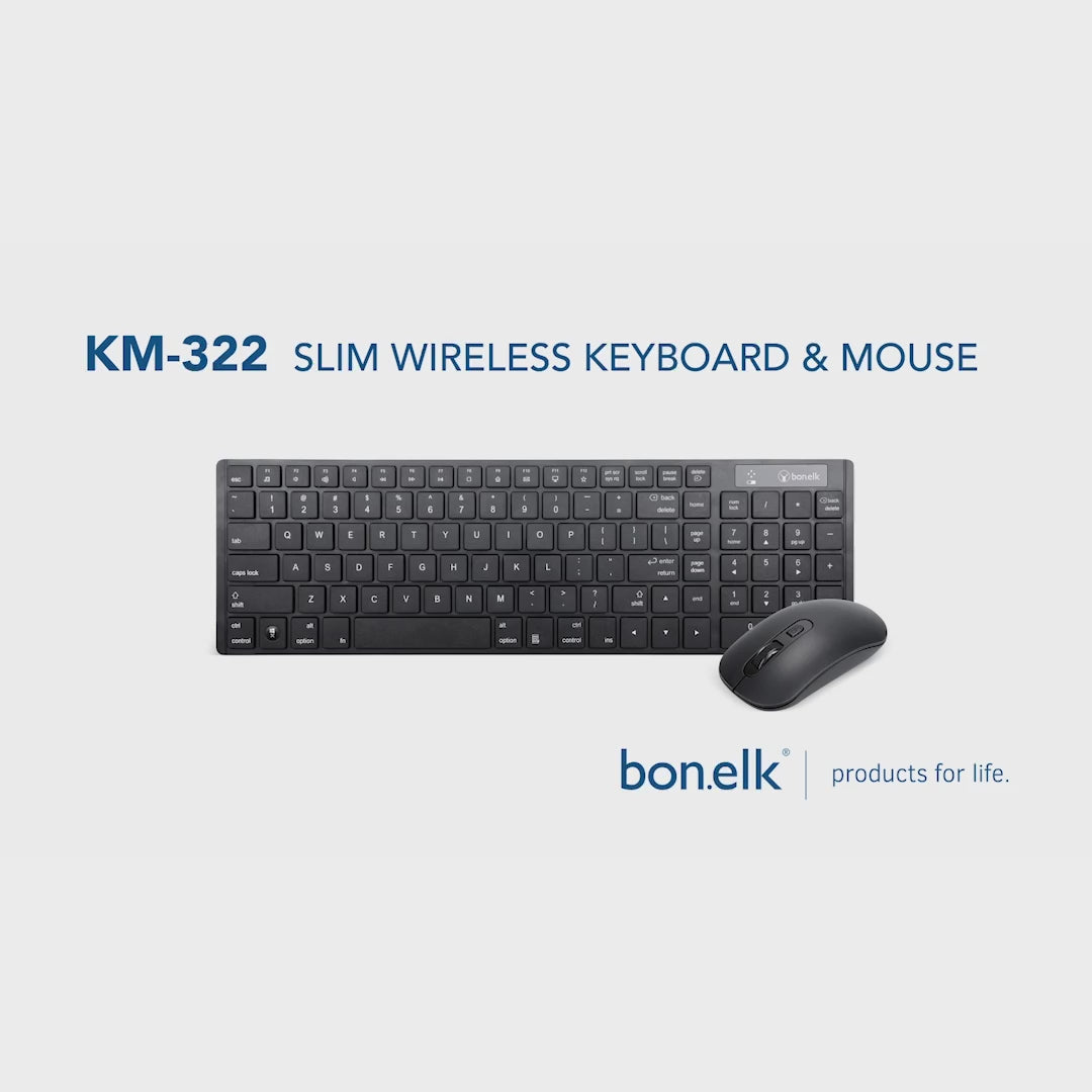 Bonelk Slim Wireless Keyboard and Mouse Combo, KM-322 - Black