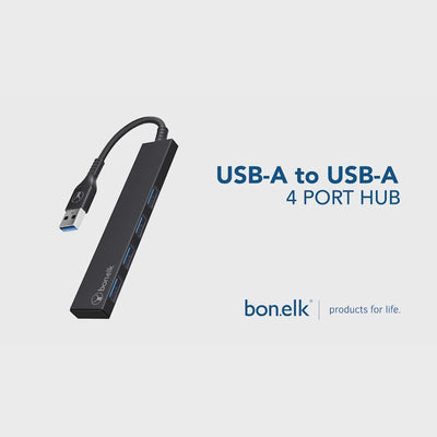 Bonelk Long-Life USB-A to 4 Port USB 3.0 Slim Hub - Black